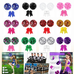3pcs Cheer Pom Poms & Large Cheer Hair Bow Set - Metallic Accessory