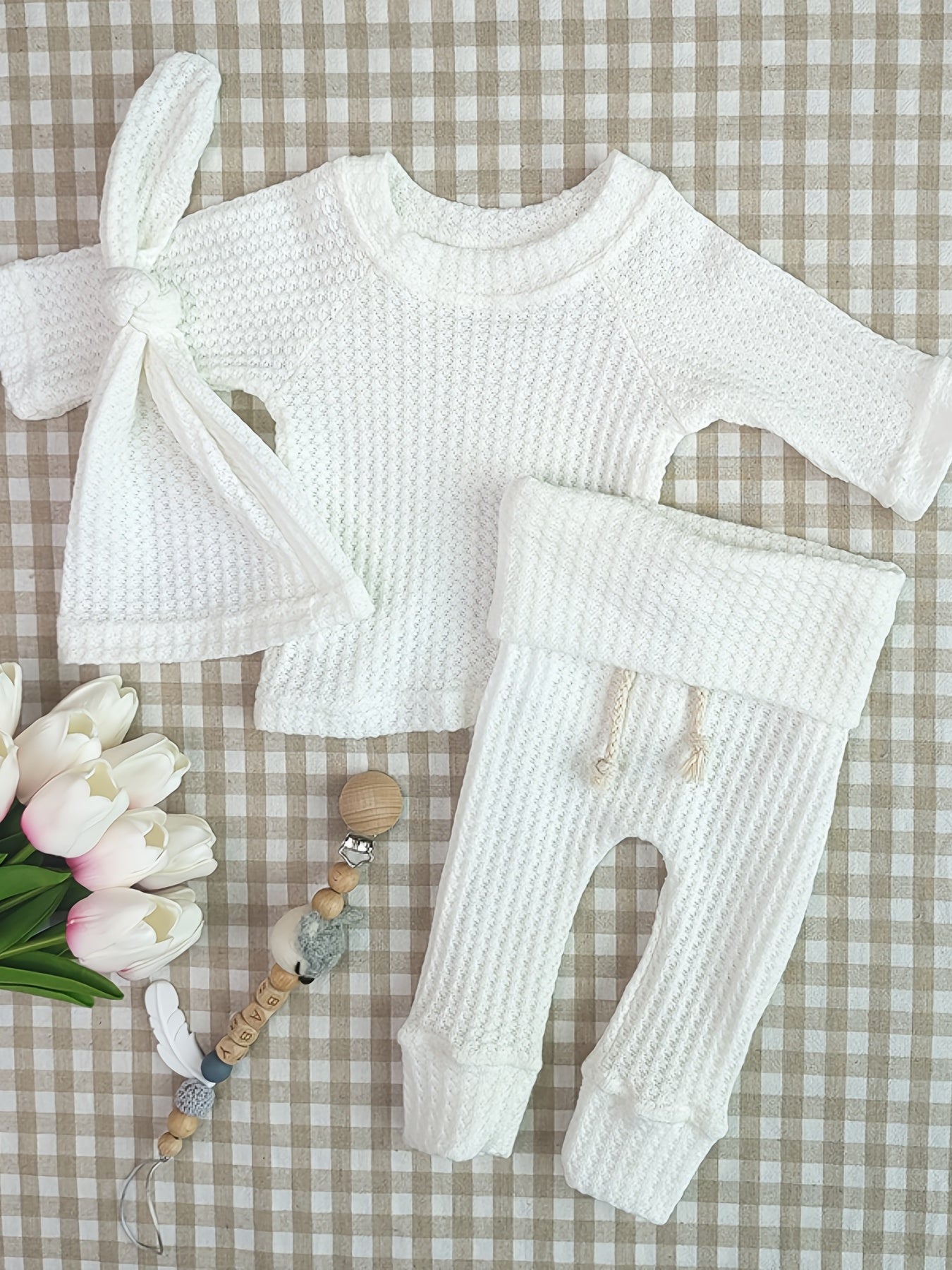Unisex Baby Waffle Set Long Sleeve Top Trousers Hat 3pcs