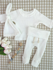 Unisex Baby Waffle Set Long Sleeve Top Trousers Hat 3pcs