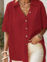 Blouse Women's Ribbed Short Sleeve Button Up Shirt