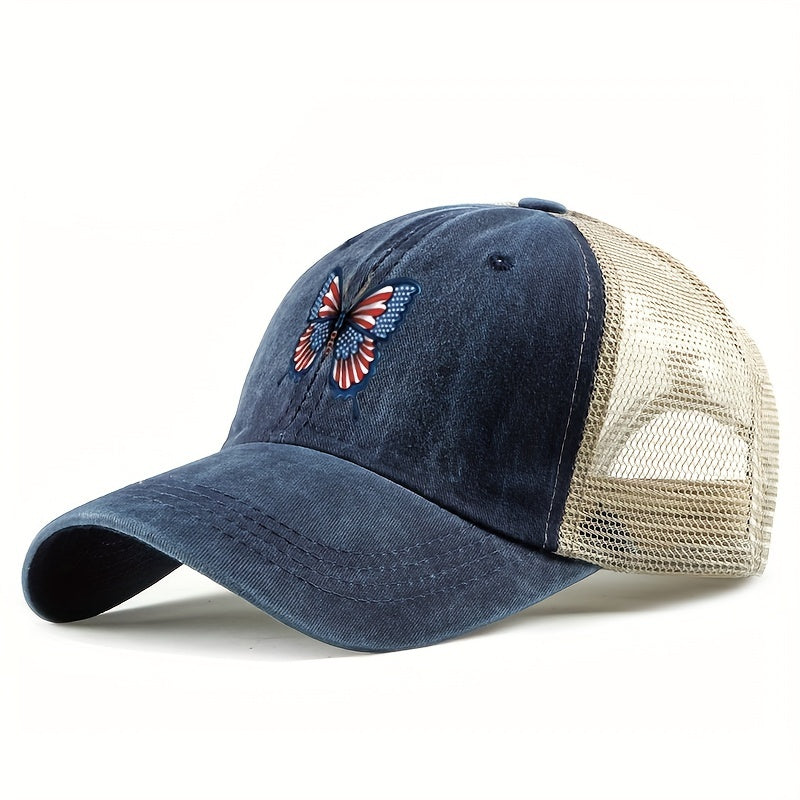 Flag Butterfly Baseball Cap Distressed Mesh Trucker Hat