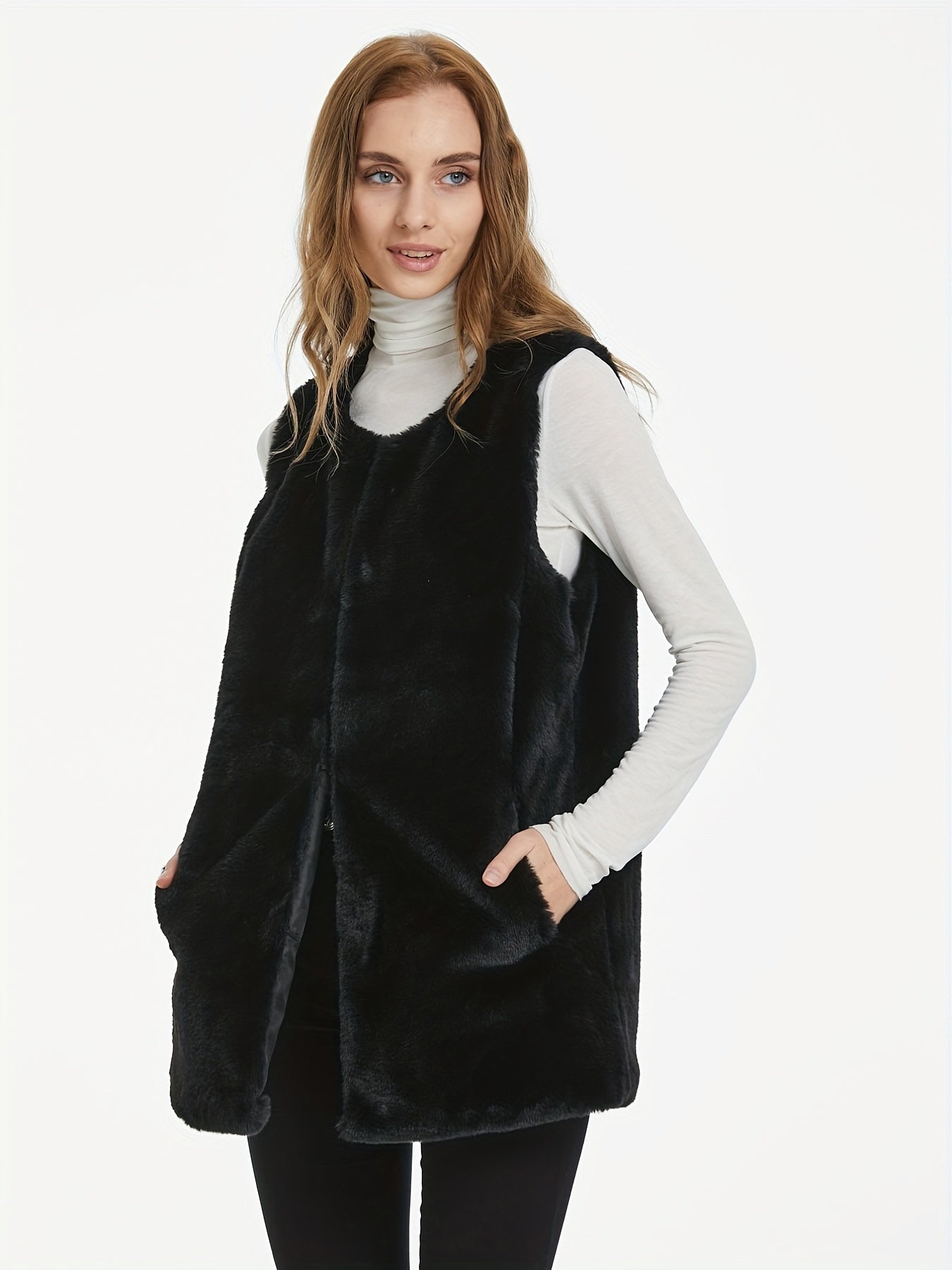 Fuzzy Vest Casual Crew Neck Sleeveless Winter Vest Women's Clothing