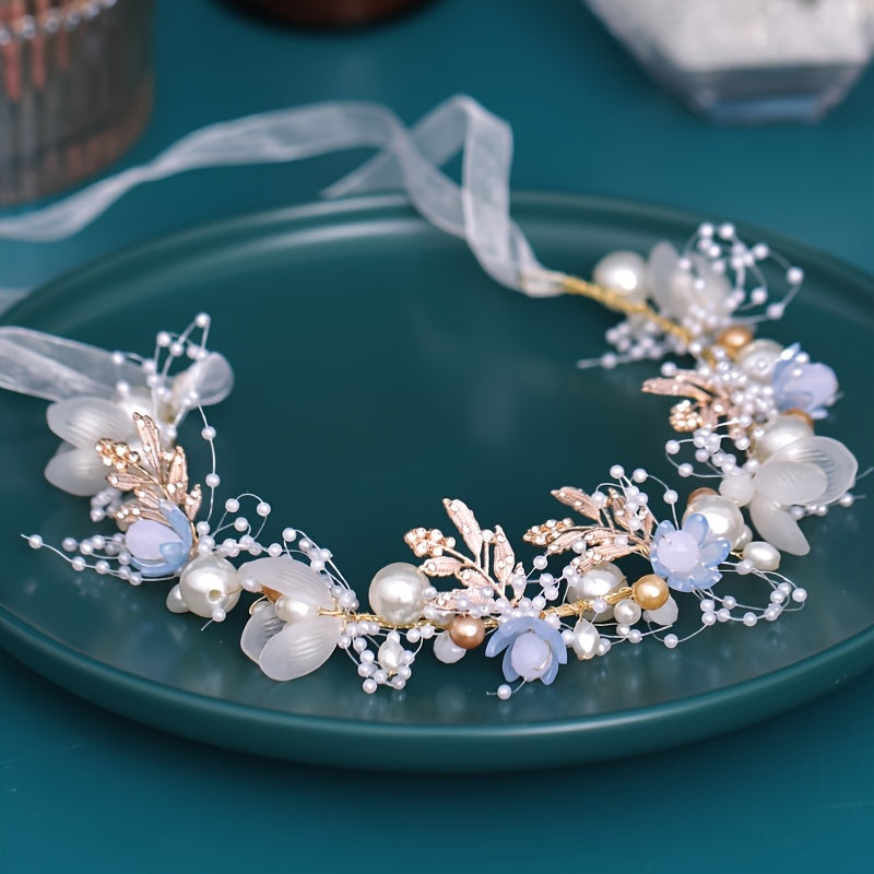 Golden Flower Bridal Headband Vines Faux Pearl Wedding Hair Accessories