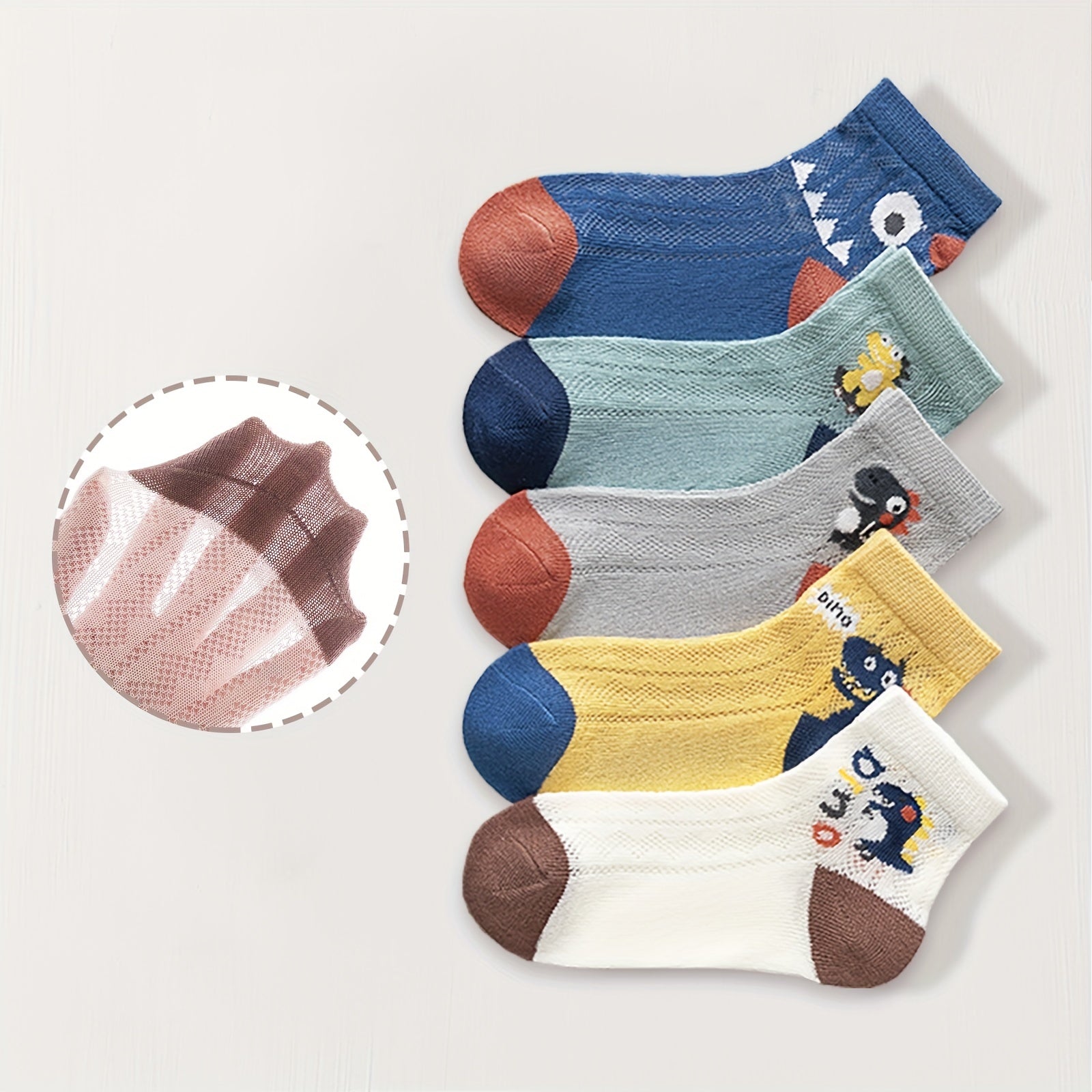 5 Pairs Kids Dino Socks, Breathable Mesh Boys Summer Socks