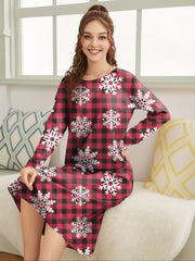 Snowflake Print NightDress Christmas Long Sleeve Plaid Pajama Dress