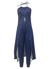 Houndstooth Print 2Pc Set Halter Neck Maxi Dress & High Waist Pants