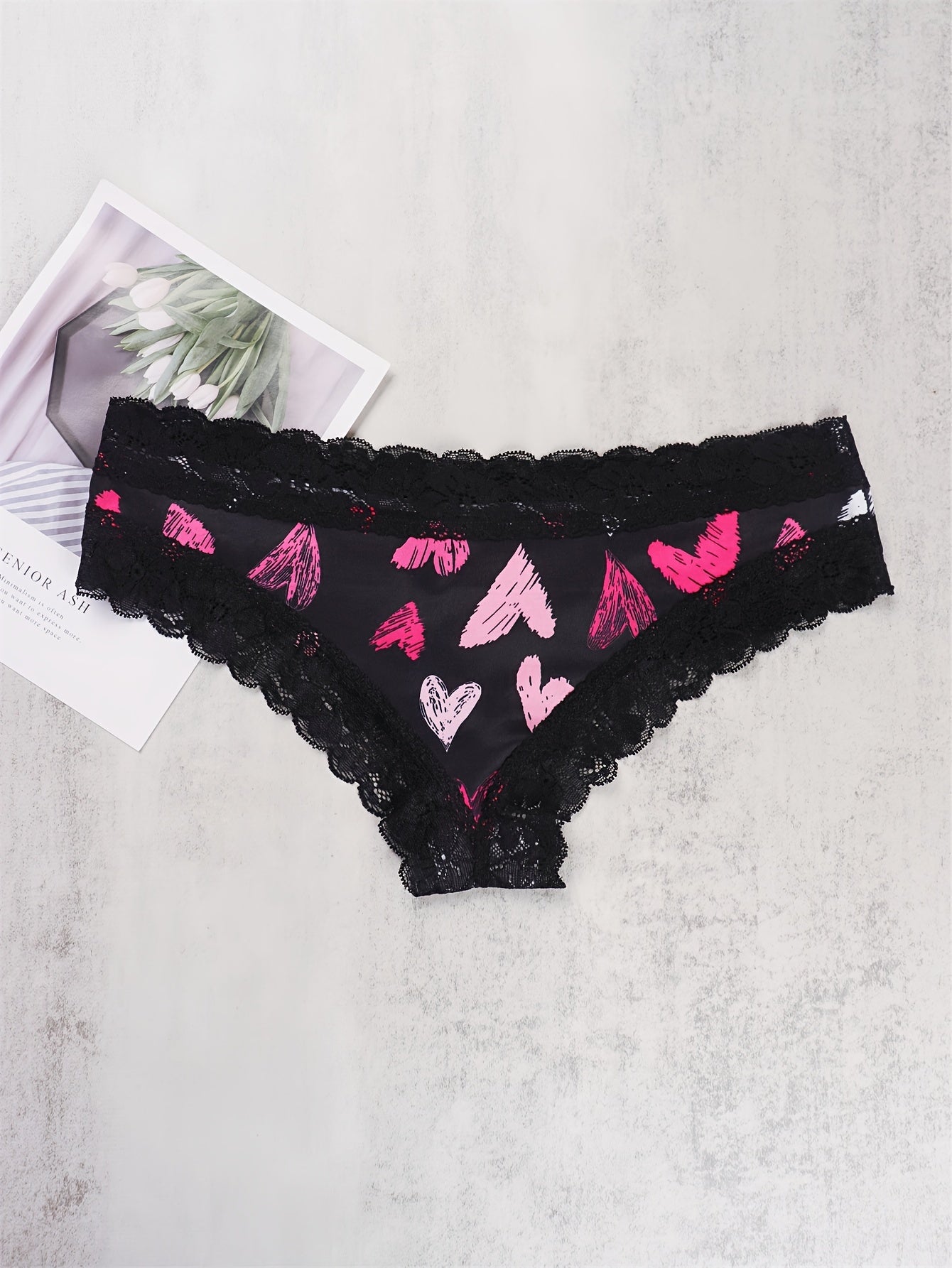 5 Pack Plus Size Lace Heart & Bow Print Panties Set