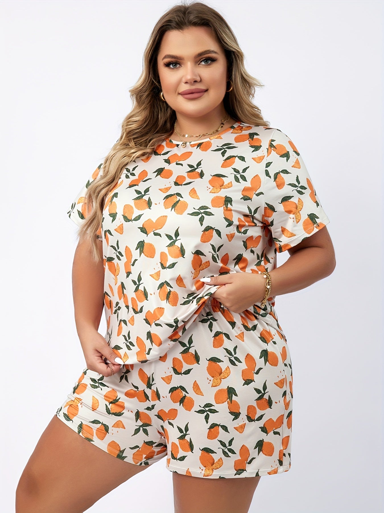 Orange Print Tee & Shorts Pajama Set