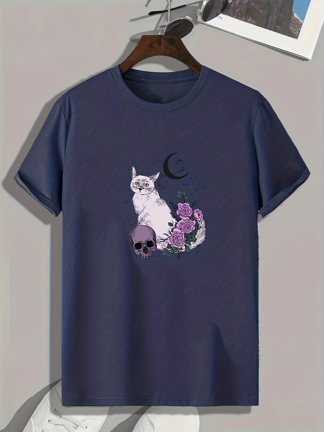 Cat & Skull Pattern T shirt For Men Short Sleeve Top Casual Tee Men's Clothes