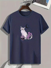 Cat & Skull Pattern T shirt For Men Short Sleeve Top Casual Tee Men's Clothes