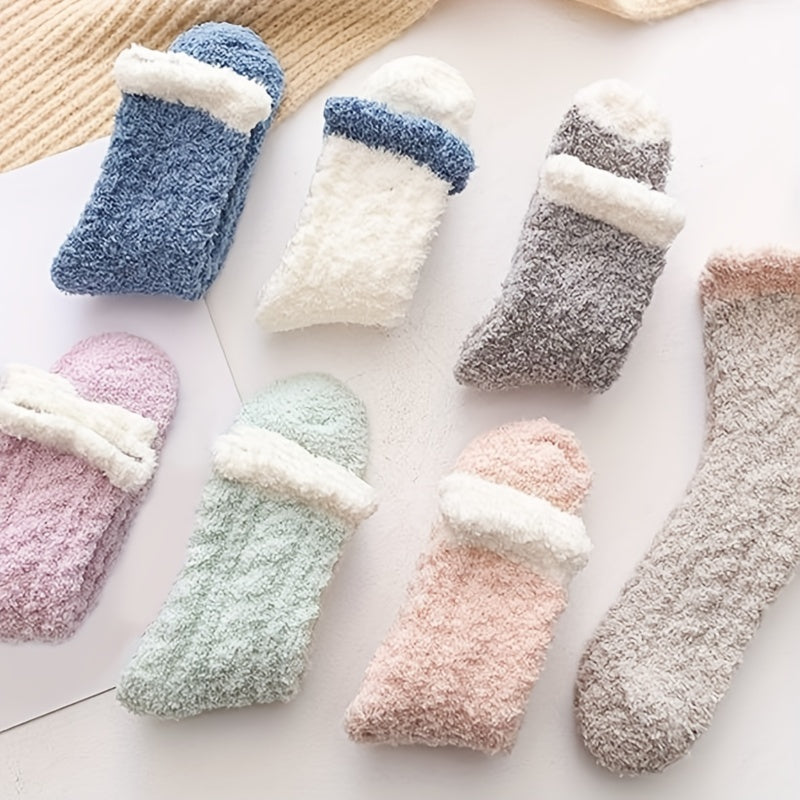 6 Pairs Fuzzy Colorblock Socks Comfy & Warm Women's Mid Tube Stockings