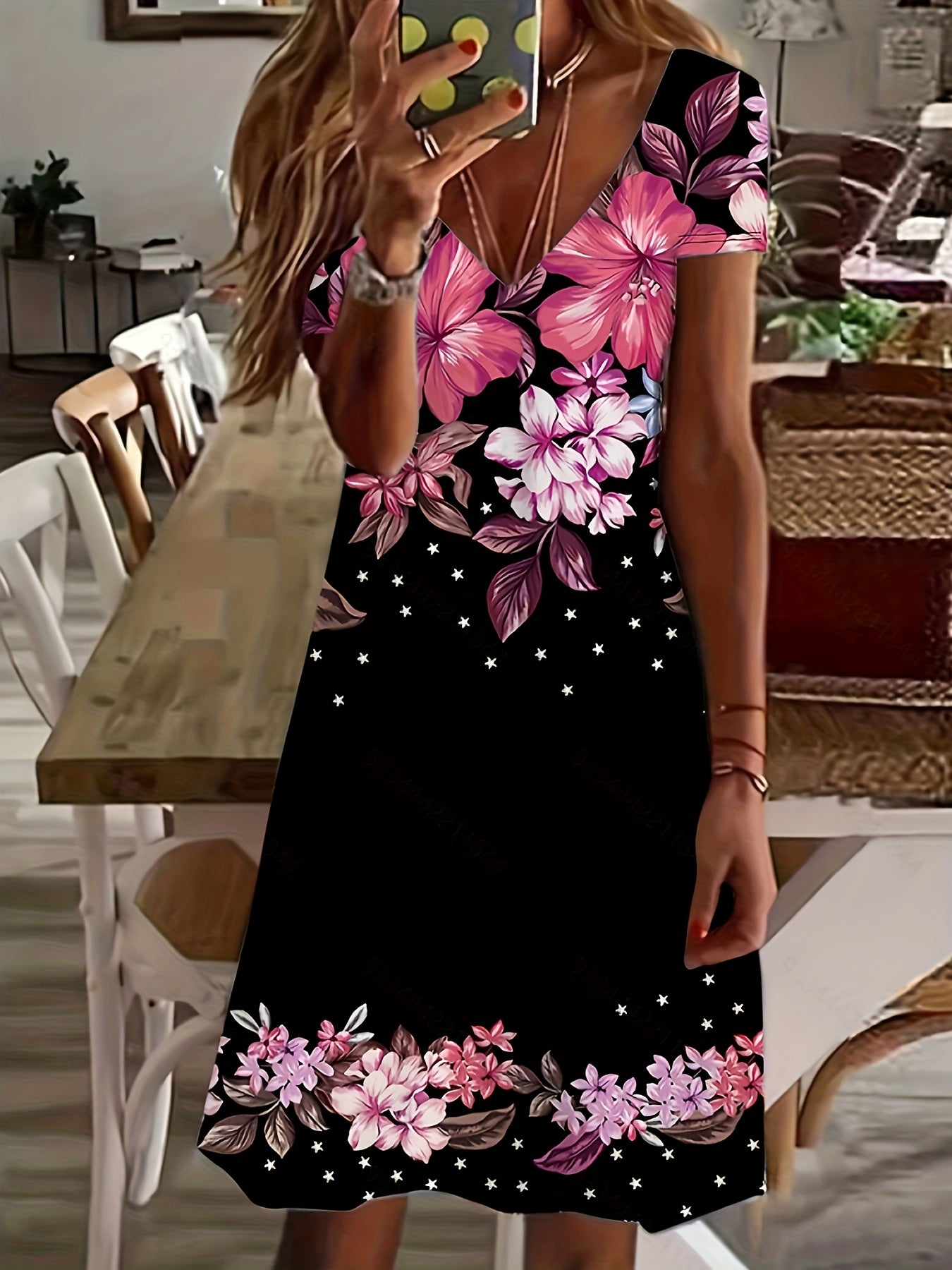 Colorblock Floral V Neck Mini Dress