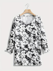 Women's Plus Floral Print Three Quarter Sleeve Round Neck Slight Stretch Blouse