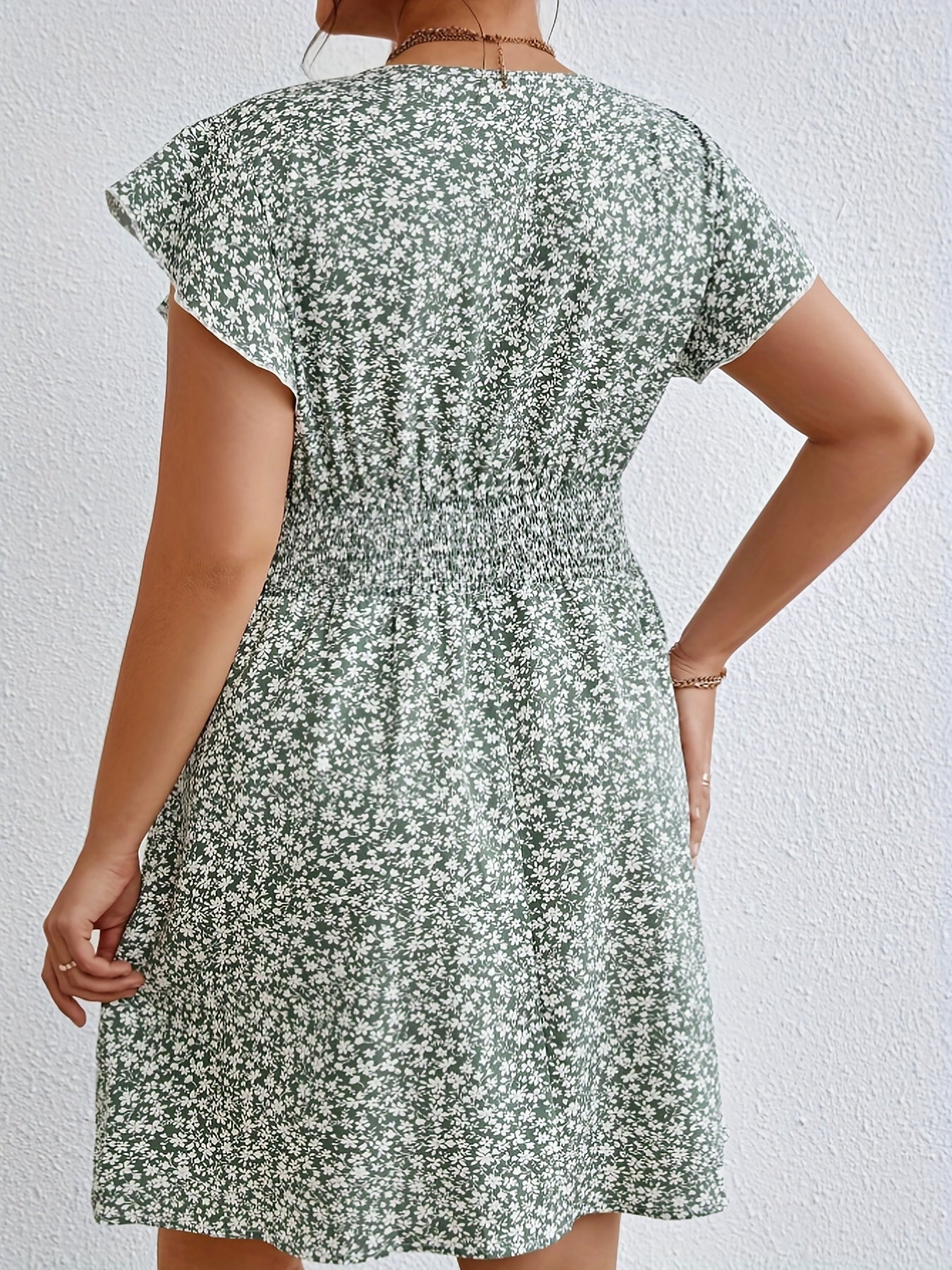 Women's Plus Ditsy Print Ruffle Sleeve Surplice Neck Dress
