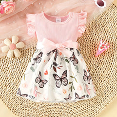 Baby Girls Butterfly Print Ruffle Sleeve Dress Belted Kids Summer Clothes