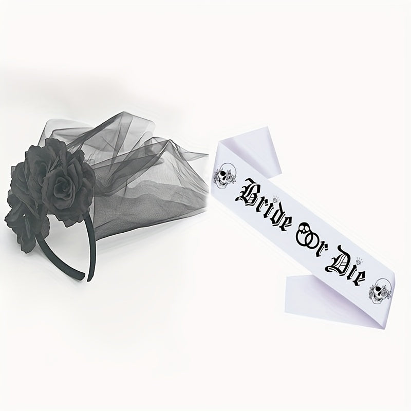 Bride Rose Wreath Veil Set - Until Death Headscarf Strap Bridal Party