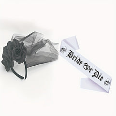 Bride Rose Wreath Veil Set - Until Death Headscarf Strap Bridal Party