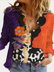 Colorblock Print Button Up Long Sleeve Blouse
