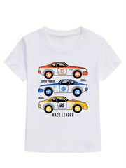 Boys Cartoon Race Car Print Cotton Short Sleeve Tops T Shirt