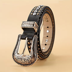 Vintage Rhinestone Belt with Carved Buckle and Rivets