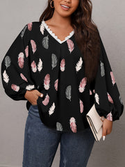 Feather Print Lace Sleeve V Neck Top