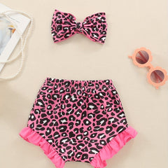 2pcs Baby Girls Leopard Print Shorts & Headband Set