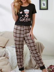Coffee Print Pajamas Set Short Sleeve Tee Top And Pants Pj Set