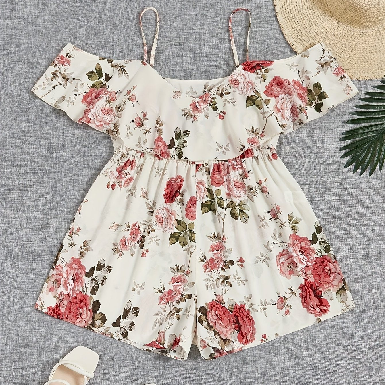 Floral Print Cold Shoulder Ruffle Trim Short Sleeve Romper
