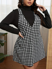 2-Piece Outfit: Solid Long Sleeve Top & Houndstooth Print Tank Dress