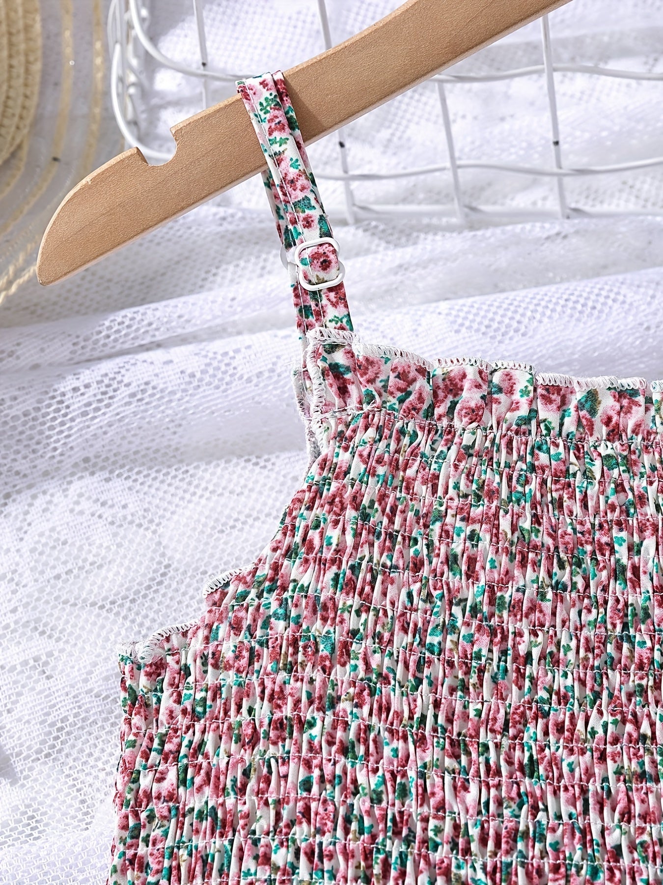 Girl's Floral Shirred Strappy Cami Dress For Party Beach Holiday