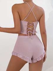 V Neck Pajama Set Lace Up Top & Shorts