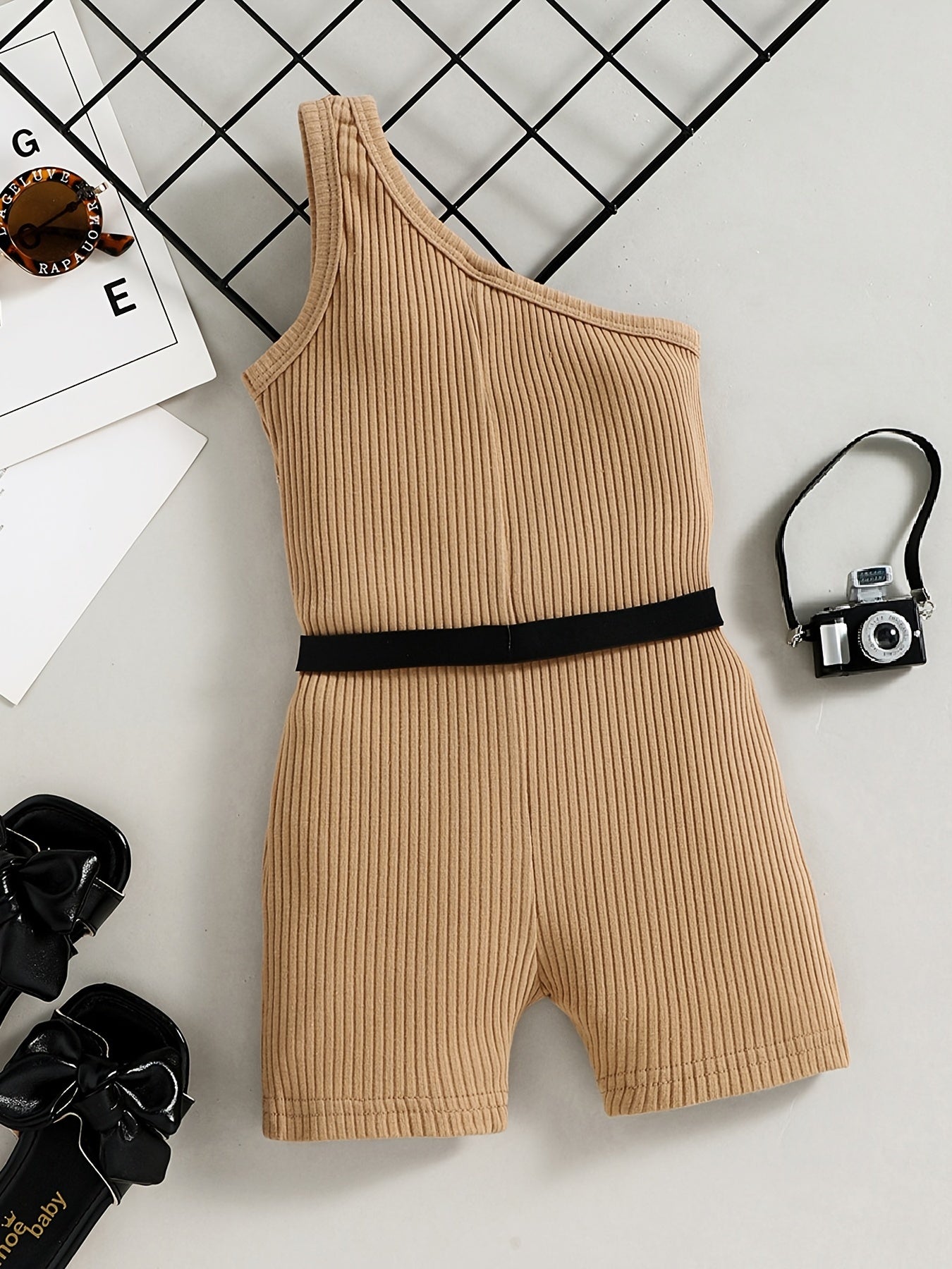 Toddler Girls Cotton Ribbed One Shoulder Jumpsuit Romper