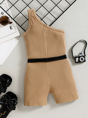 Toddler Girls Cotton Ribbed One Shoulder Jumpsuit Romper