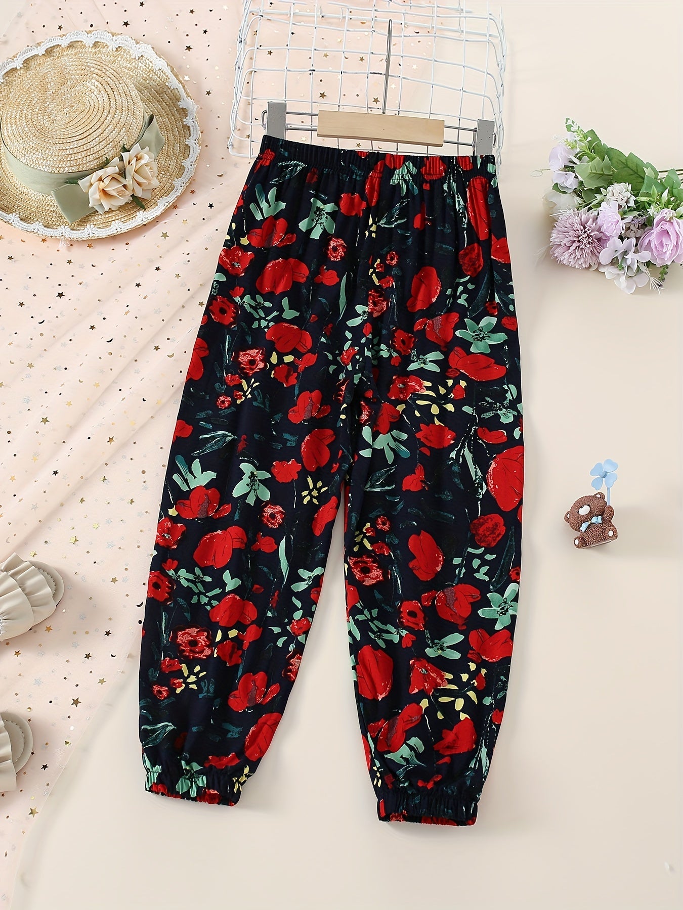 Girls' Rose Floral Print Casual Jogger Elastic Waist Trousers