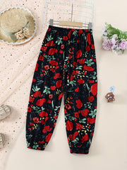 Girls' Rose Floral Print Casual Jogger Elastic Waist Trousers
