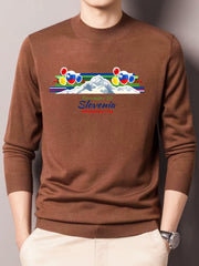 Mountain Print Men's Slim Fit Knitted Sweater Crew Neck Top