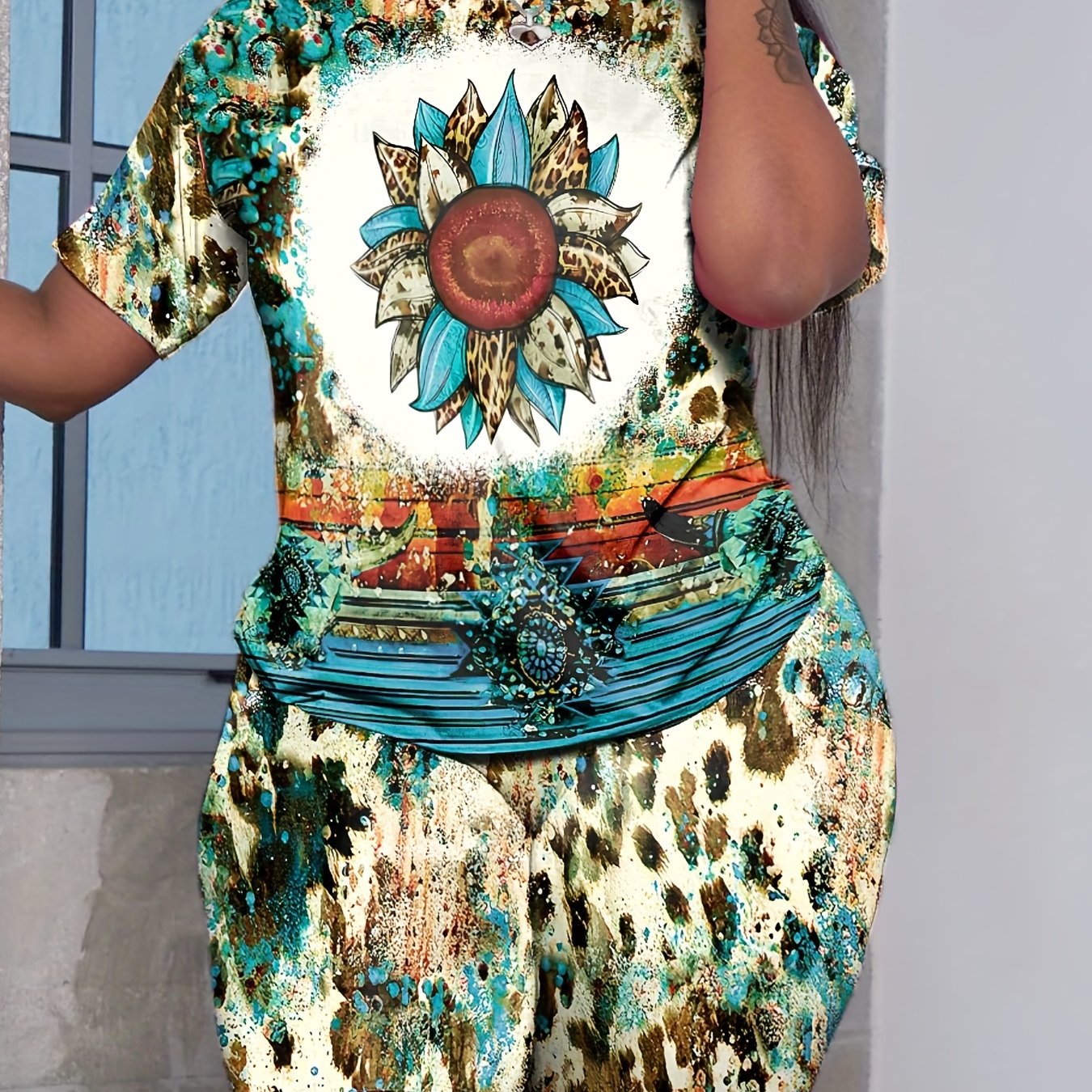 Women's Plus Sunflower & Random Print Tee & Shorts Set