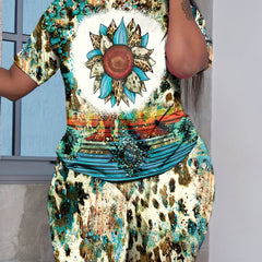 Women's Plus Sunflower & Random Print Tee & Shorts Set