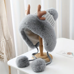 Plush Reindeer Antlers Winter Hat Fleece Lined Thickened Knitted Hat