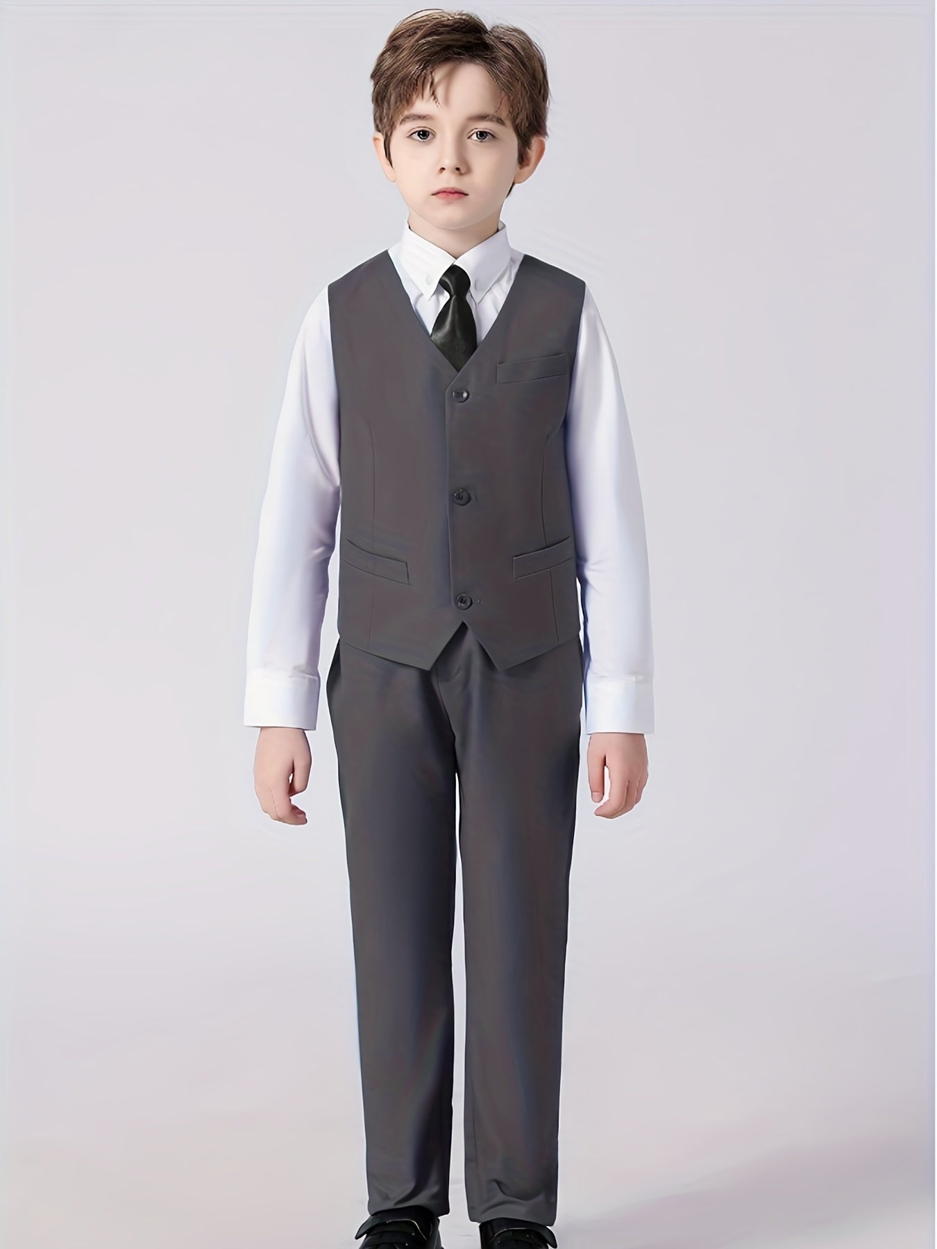 4pcs Boys Slim Fit Gentleman Outfit Set Long Sleeve Shirt&Pants&Vest&Tie