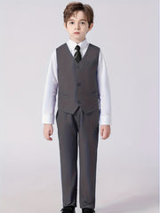 4pcs Boys Slim Fit Gentleman Outfit Set Long Sleeve Shirt&Pants&Vest&Tie