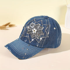 Rhinestone Flower Denim Baseball Cap Sun Hat for Women