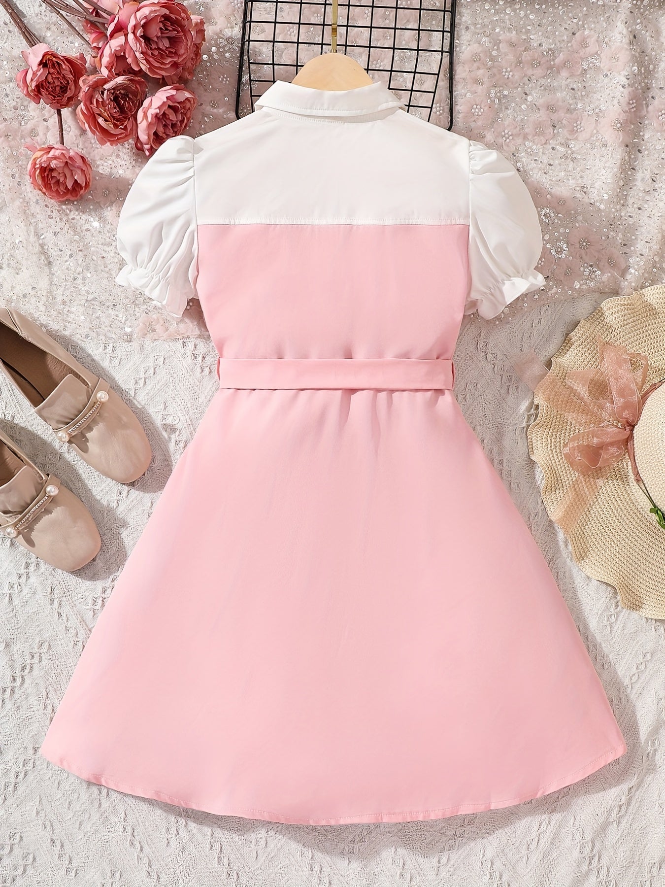 Toddler Girls Puff Sleeve Button Block Casual Belted Shirt Dress