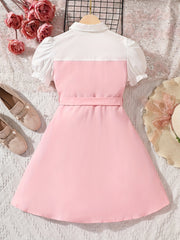 Toddler Girls Puff Sleeve Button Block Casual Belted Shirt Dress