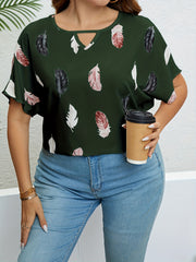 Feather Print Cut Out Short Sleeve T shirt - Women's Plus Size