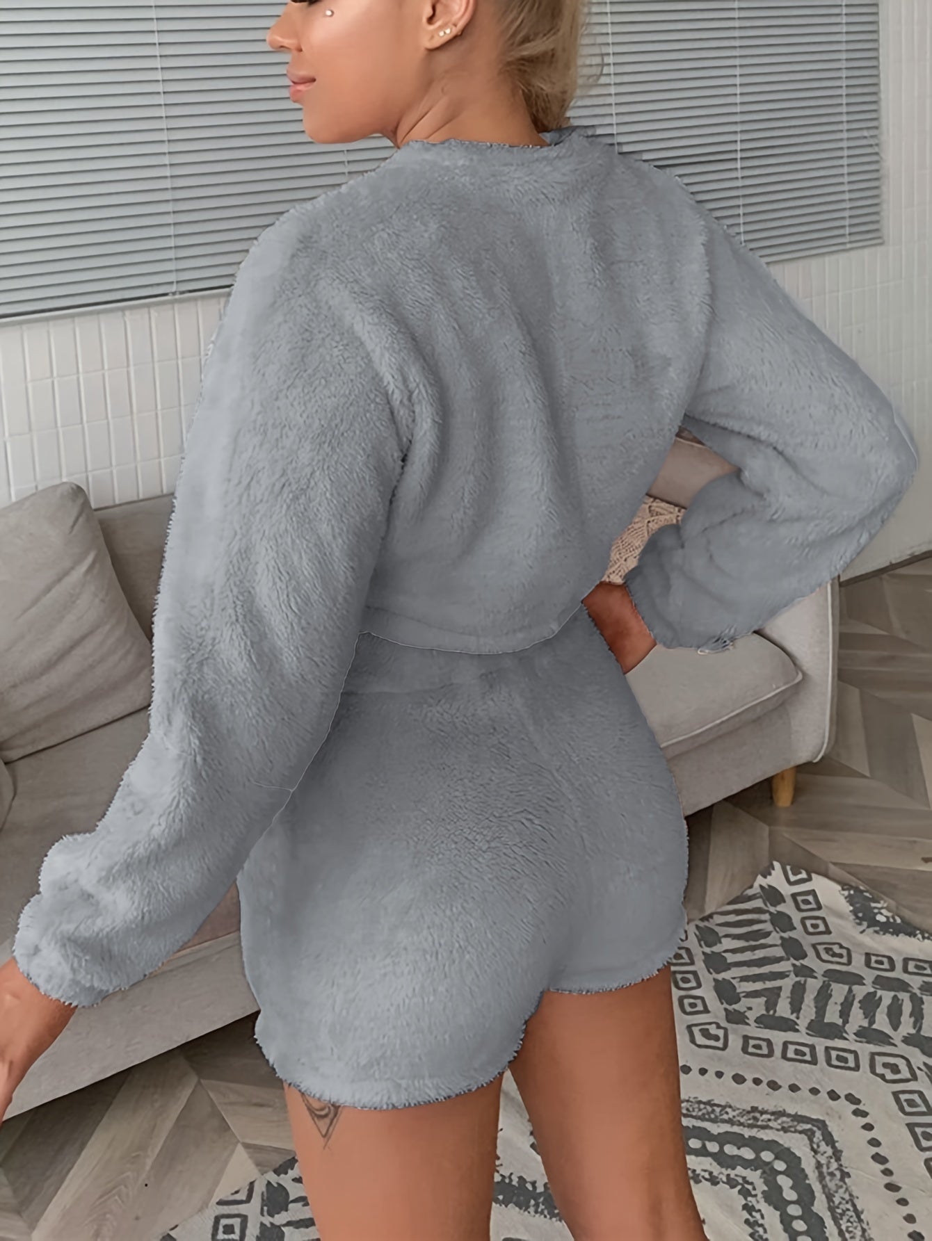 Cozy Fuzzy Pajama Set Crew Neck Top & Shorts