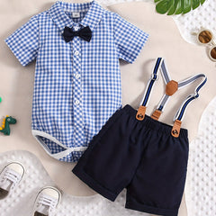 Baby Boys Plaid Shirt Onesie & Suspender Shorts Gentleman Outfit