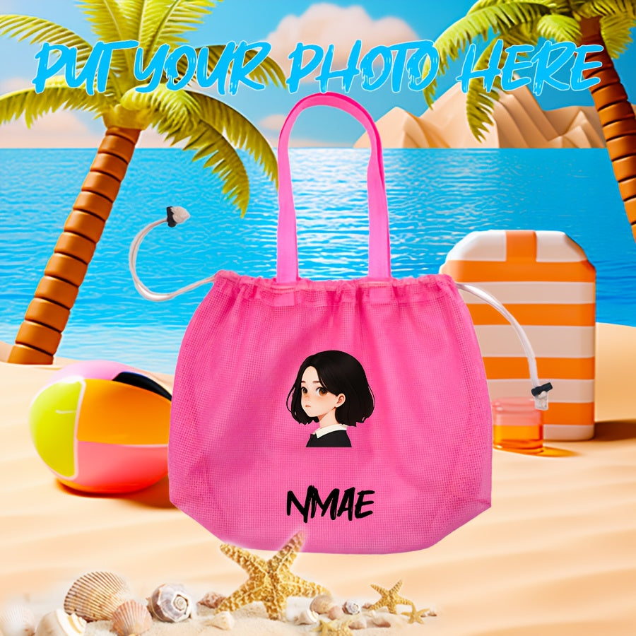 Custom Photo Beach Bag Pink Green Mesh Tote Ergonomic Strap