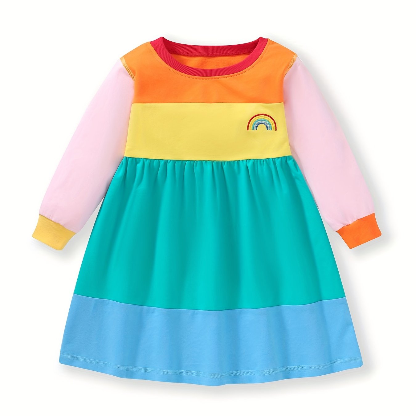 Girl's Rainbow Colorblock Stitching Embroidery Long Sleeve Dress
