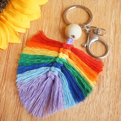 Hand Woven Keychain Wooden Bead Rainbow Tassel Pendant Holiday Gift